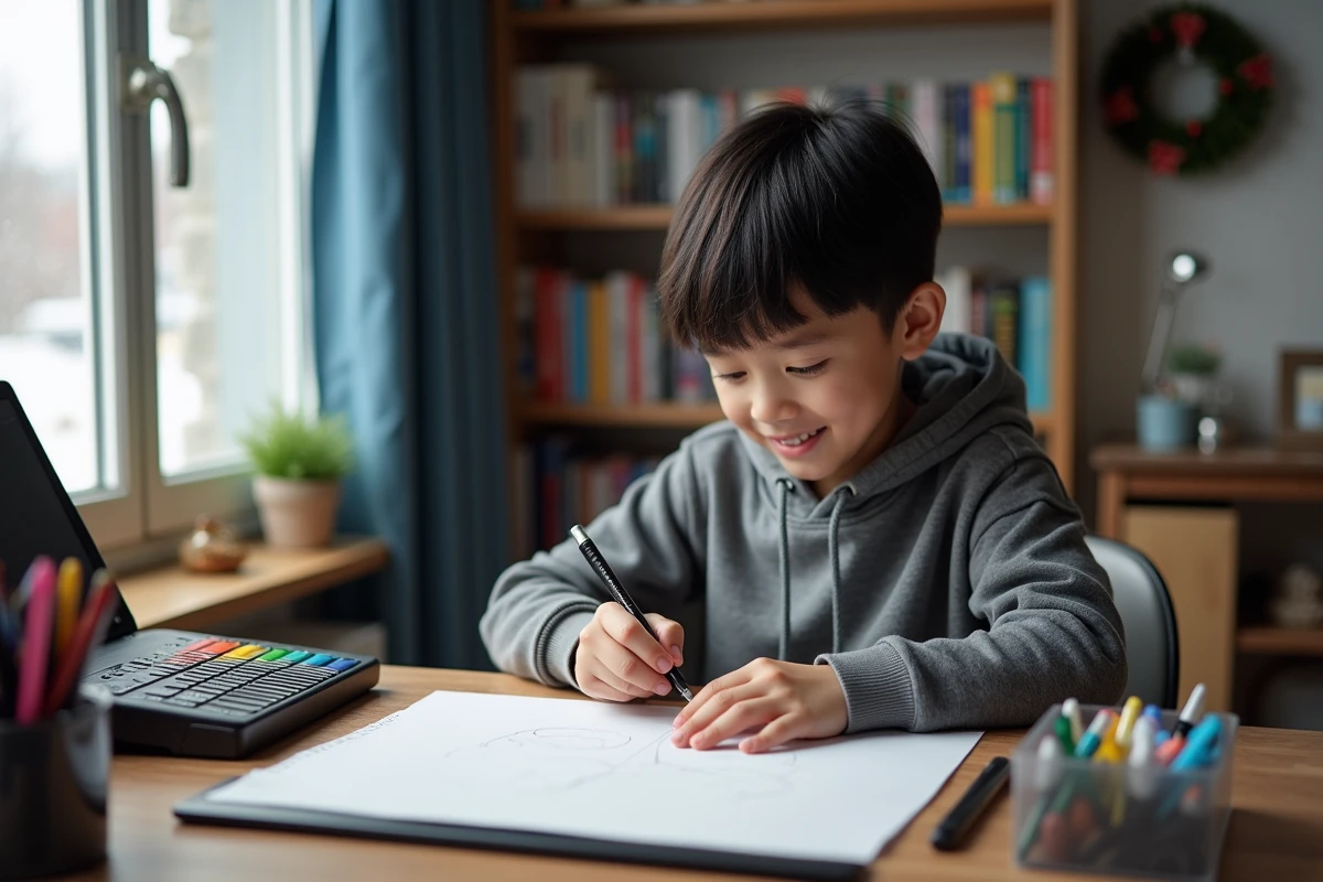 Garçon concentré découvrant des marqueurs professionnels et une tablette graphique comme cadeau de Noël pour dessiner