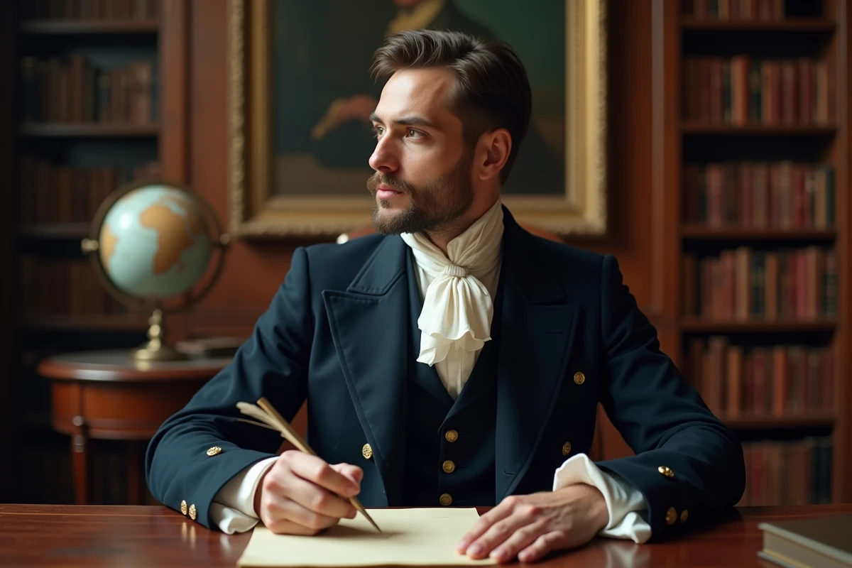 Homme en habit Régence marine assis à un bureau d'écriture dans une bibliothèque de manoir, ambiance aristocratique inspirée de Bridgerton