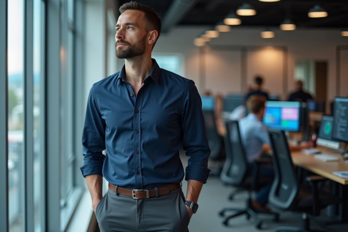 Homme en pause contemplative dans un bureau d'entreprise technologique, gestion du stress lié à l'intelligence artificielle au travail