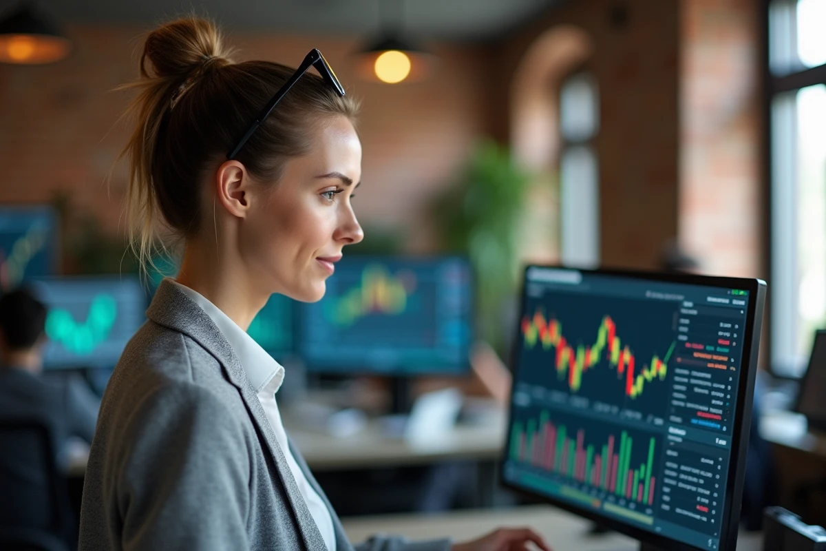 Gestionnaire de portefeuille analysant des tableaux de bord de fonds d'investissement sur plusieurs écrans dans un espace de travail fintech moderne