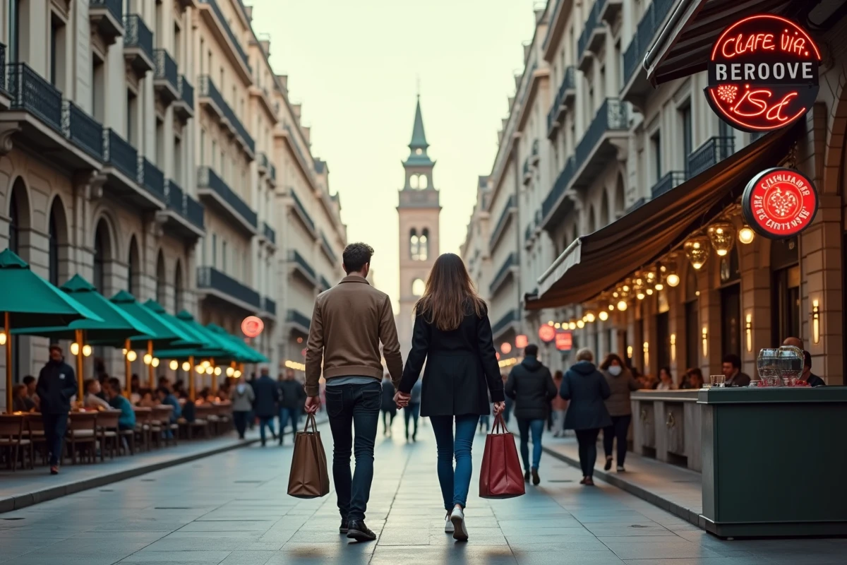Couple se promenant sur la Gran Vía de Madrid lors d'un séjour de deux jours dans la capitale espagnole