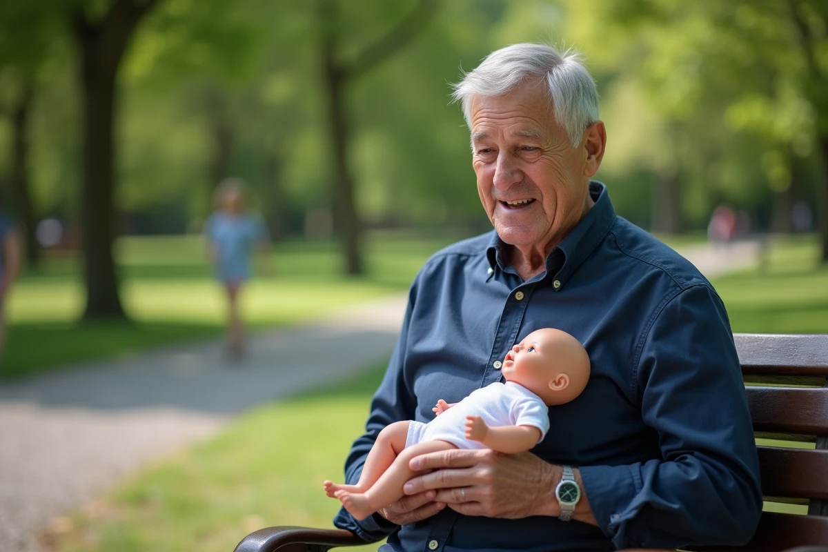 Grand-père tenant un poupon interactif dans un parc en extérieur avec expression amusée