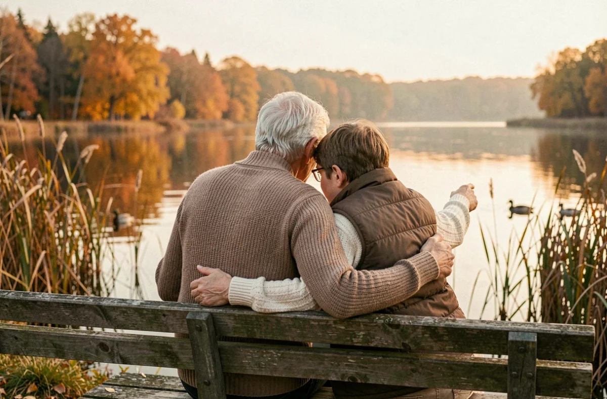 Grand-parent et petit-enfant assis au bord d'un lac en automne, partageant un moment de complicité nature en famille
