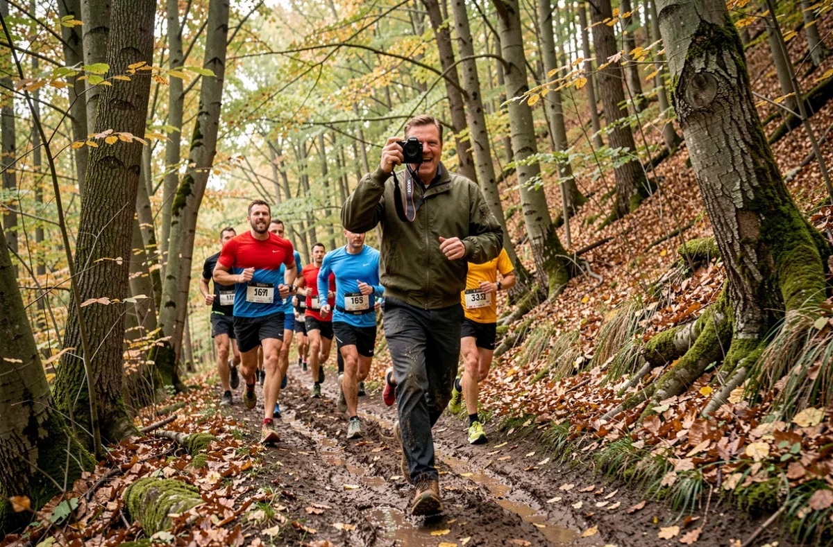 Grégory Udron de UP STORIES en action sur un sentier forestier en Anjou, courant avec des trail-runners pour capturer leur course en pleine nature