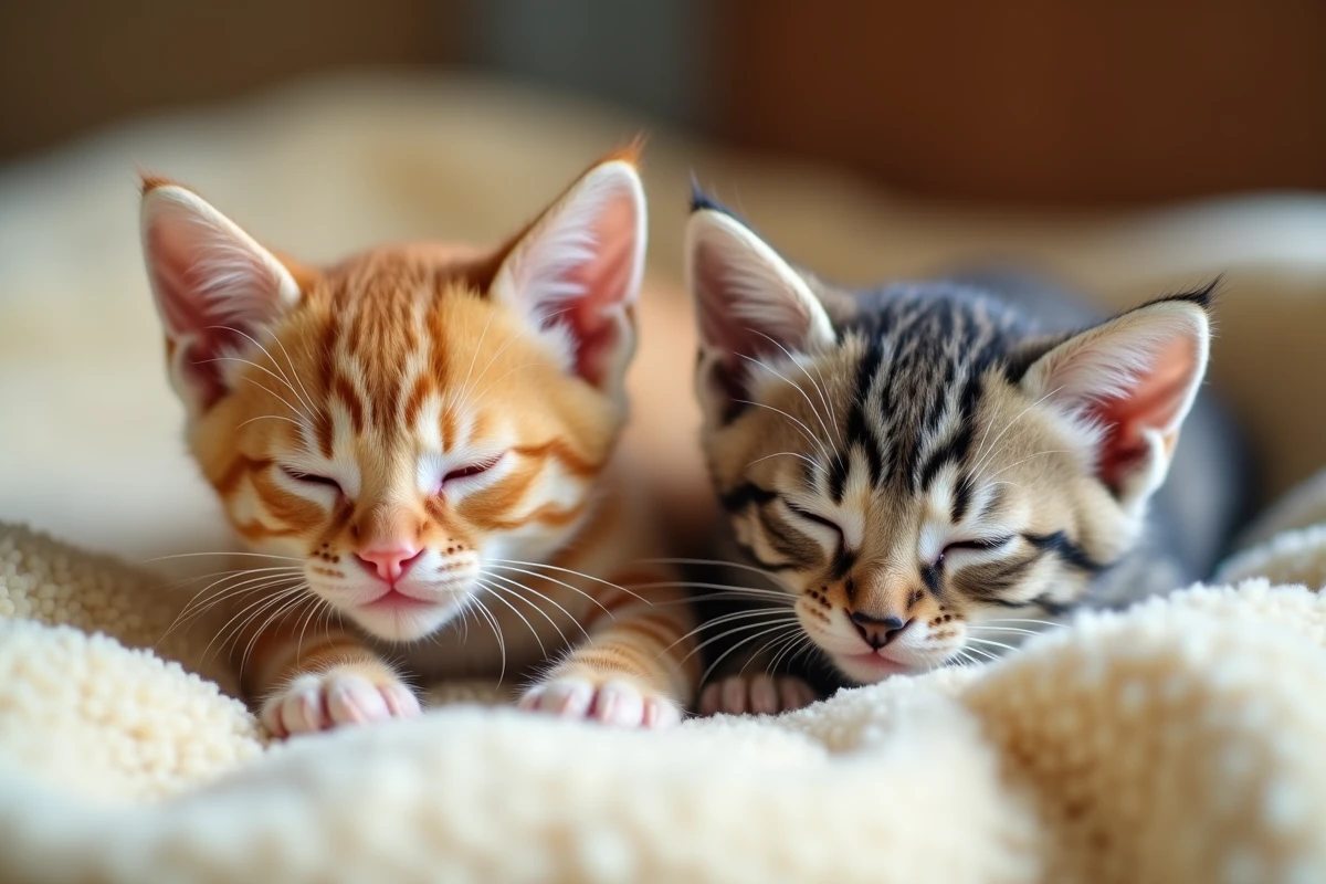 Gros plan de deux chatons allongés sur une couverture douce, illustration pour distinguer mâle et femelle