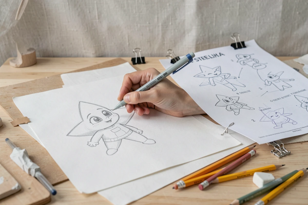 Gros plan sur une main dessinant au feutre le personnage Stella sur une feuille blanche avec une fiche étape par étape en référence