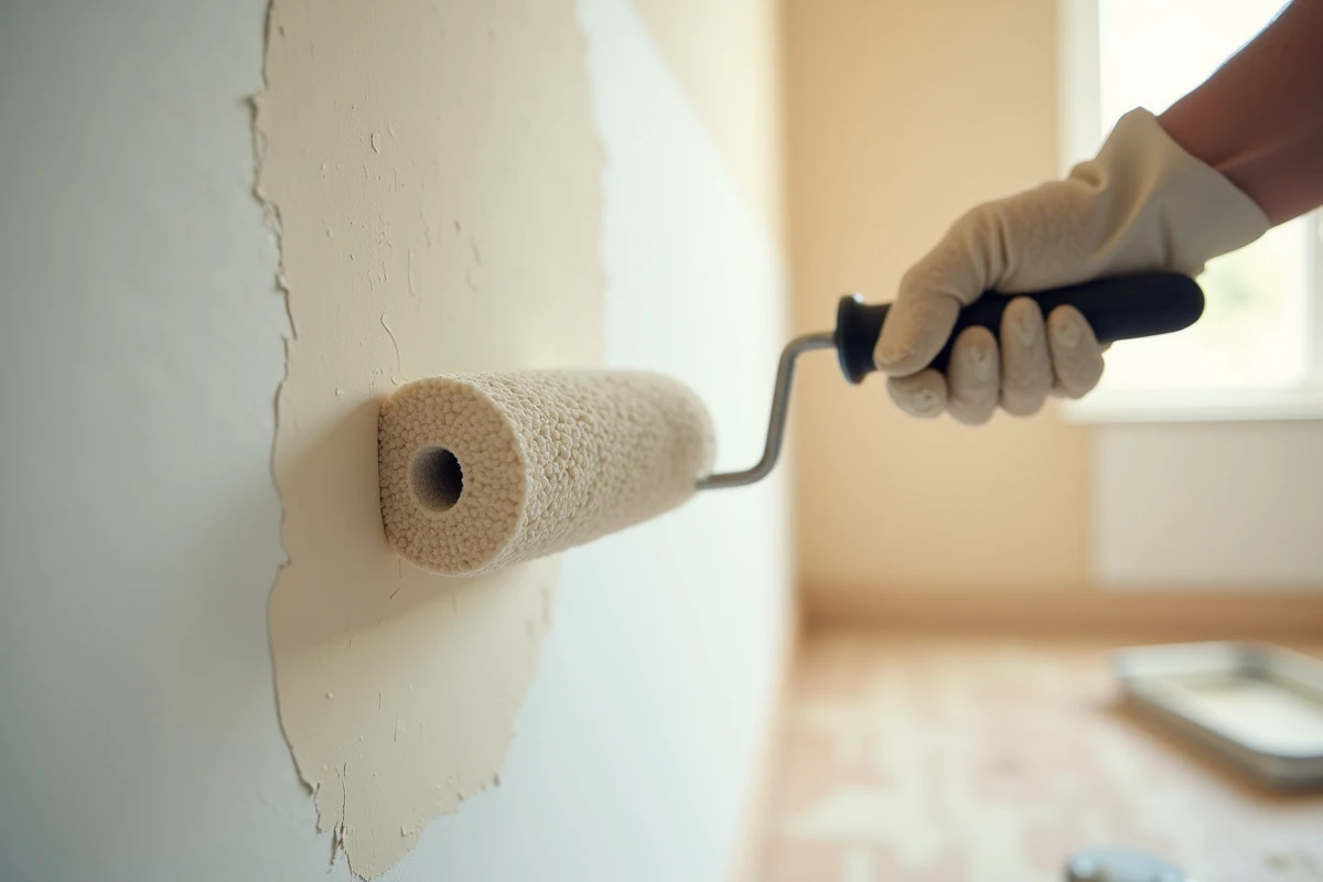 Gros plan d'un rouleau appliquant un enduit blanc sur un mur intérieur avec texture visible