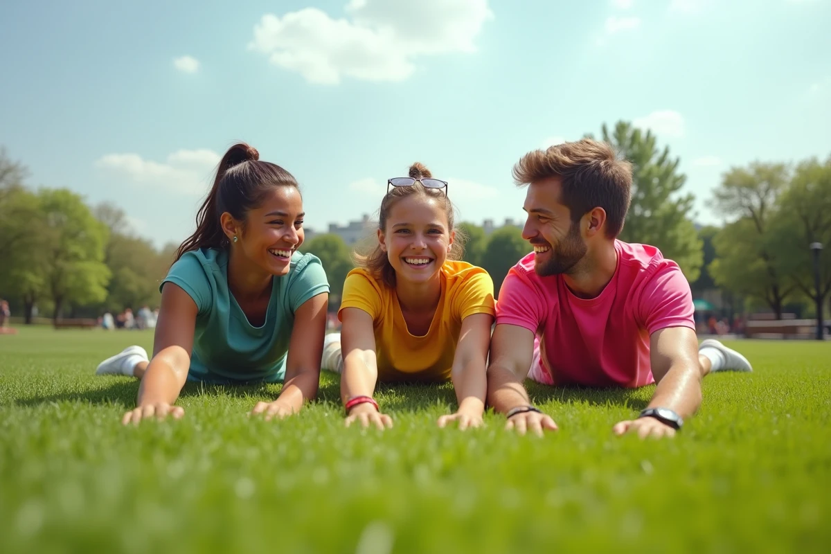 Groupe d'amis qui s'étirent ensemble dans un parc public en tenue de sport