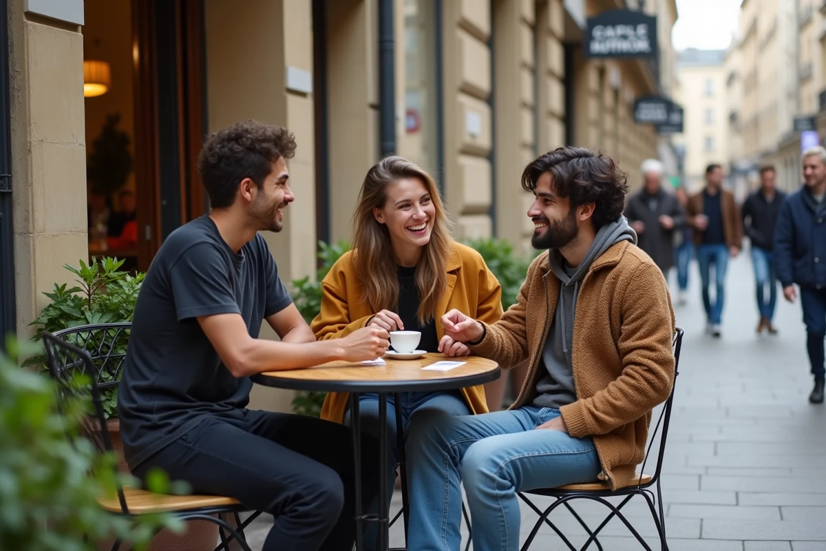 Groupe de jeunes adultes aux styles vestimentaires variés attablés en terrasse de café parisien, illustrant la diversité des codes vestimentaires dans la société moderne