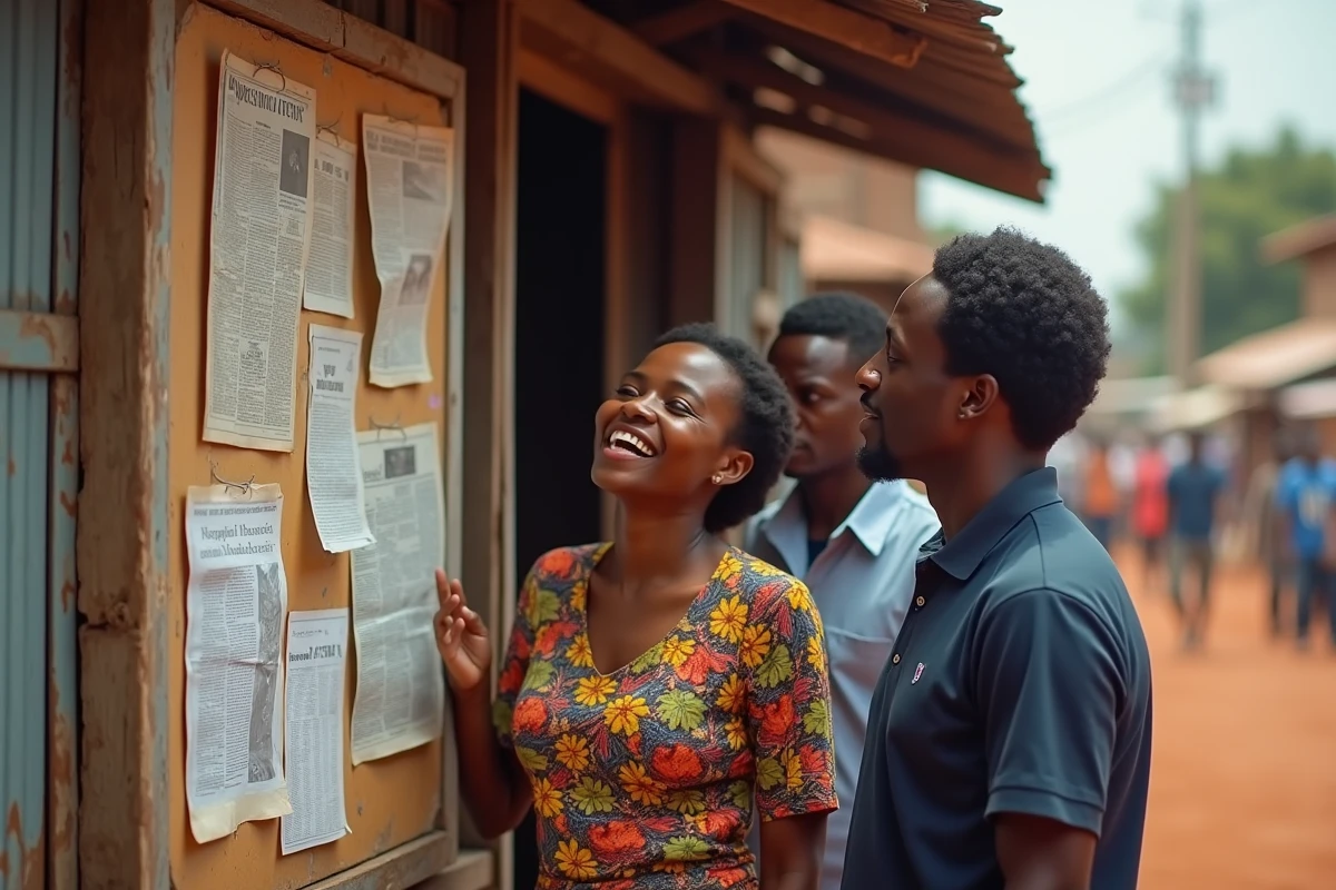 Habitants congolais discutant autour d'un tableau d'affichage de journaux dans un marché en plein air, reflétant les préoccupations sociales de la société