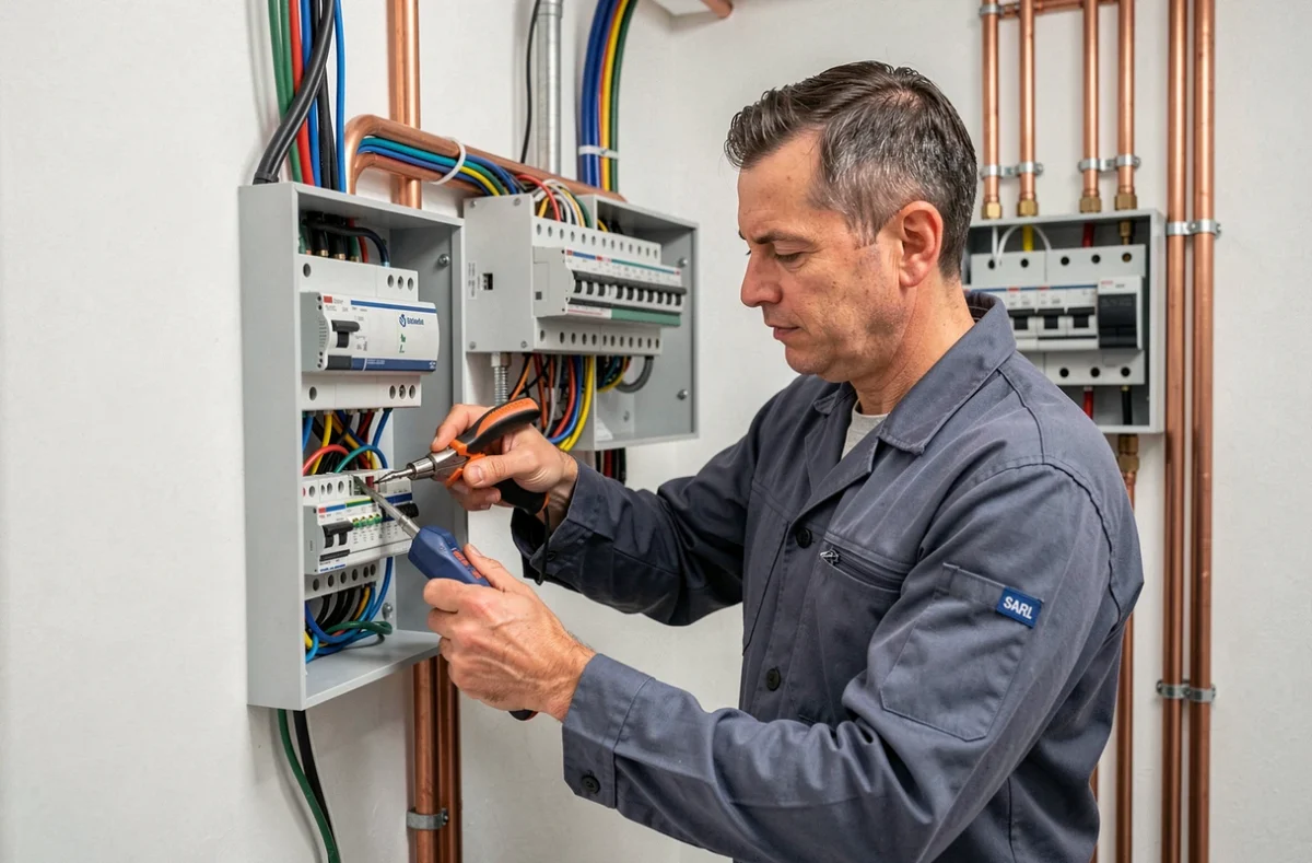 Technicien Homelec SARL câblant un tableau électrique à côté d'un collecteur de plomberie en Vendée
