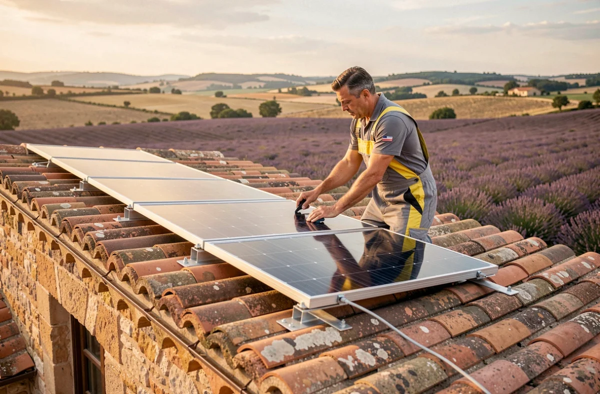 Un technicien de Hommage Énergie installant des panneaux solaires thermiques sur le toit d'une maison en pierre dans la campagne du Vaucluse