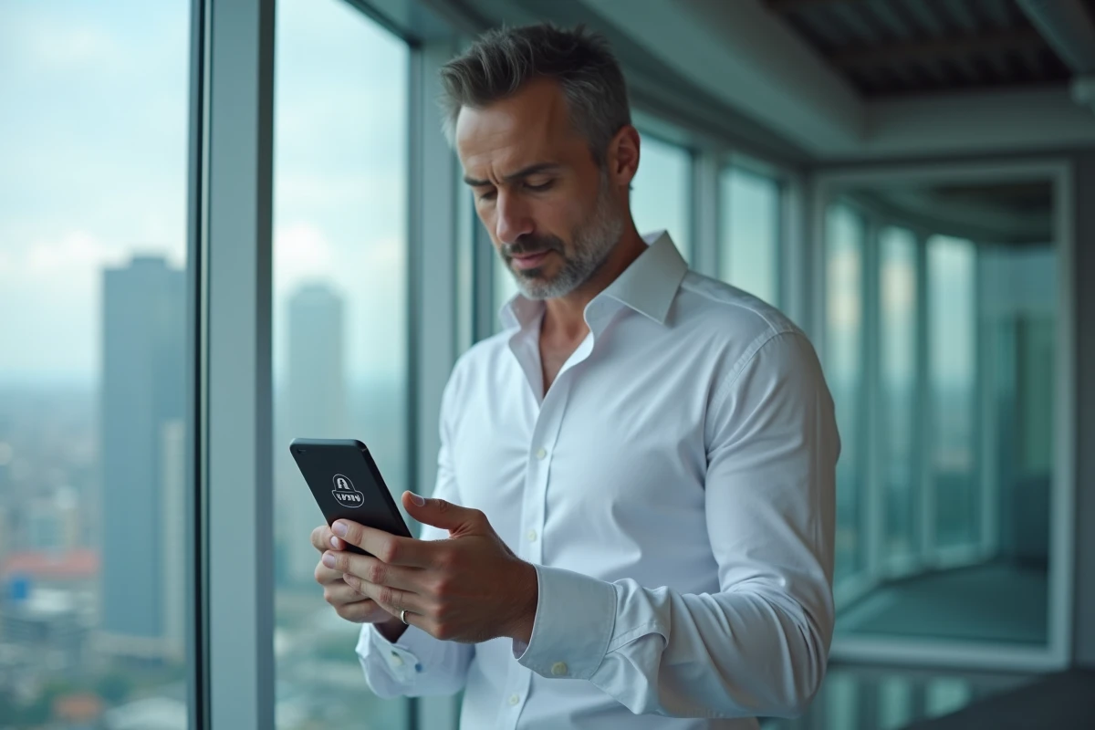 Homme d'affaires activant un VPN sur son téléphone professionnel devant une fenêtre de bureau en ville