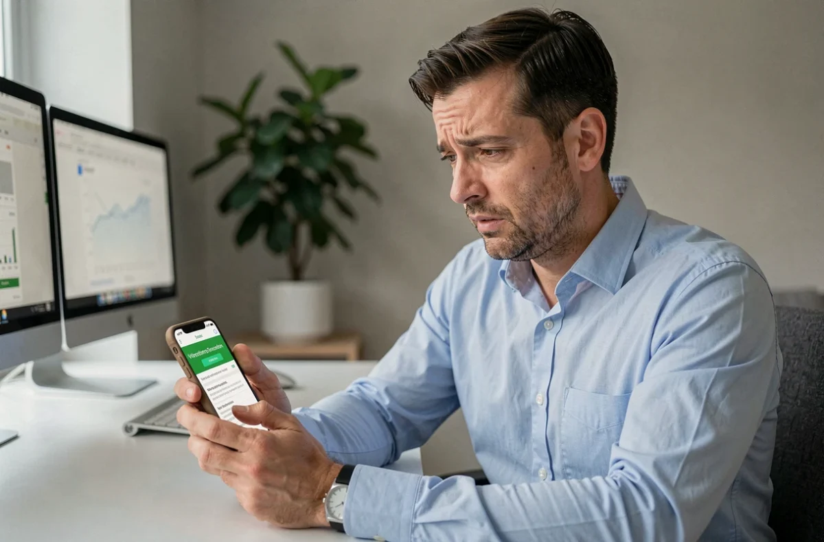 Homme consultant son téléphone après avoir reçu une alerte de transaction suspecte liée à une arnaque en ligne