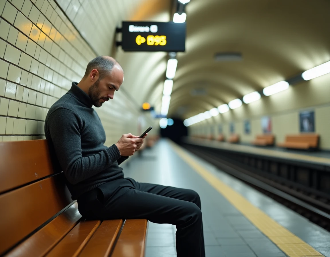 Homme assis sur un banc de station de métro ligne 6 consultant son téléphone pour planifier son trajet