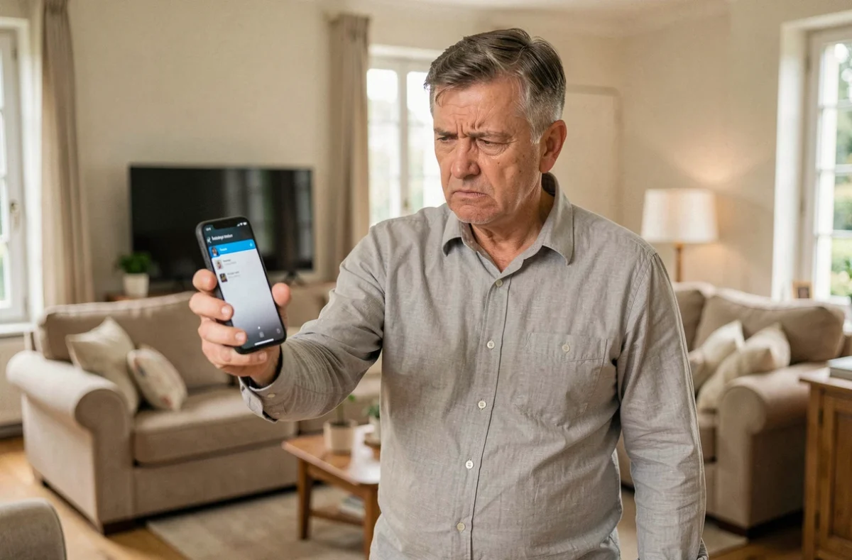 Homme agacé consultant son smartphone pour bloquer un numéro de démarchage téléphonique répété dans son salon