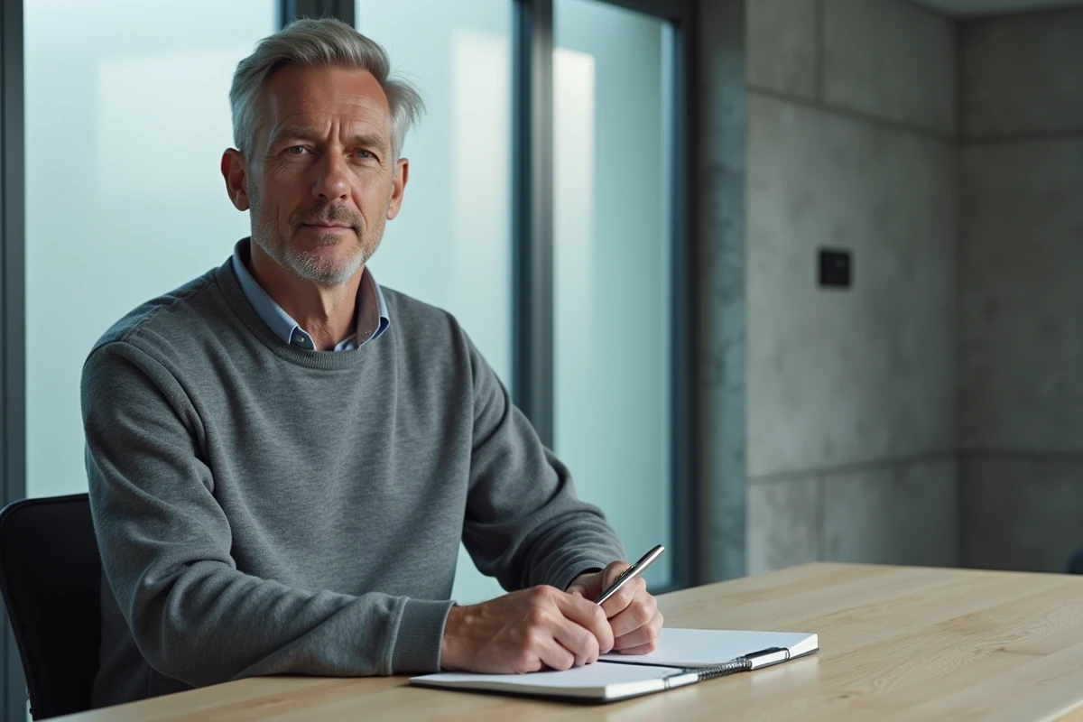 Homme assis à un bureau en bois épuré avec un cahier, dans un bureau minimaliste aux grandes fenêtres, symbolisant la simplicité volontaire