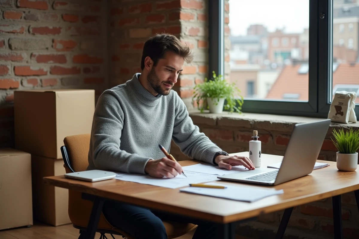 Homme en transition professionnelle préparant sa prise de poste depuis un bureau à domicile avec des cartons de déménagement encore présents en arrière-plan