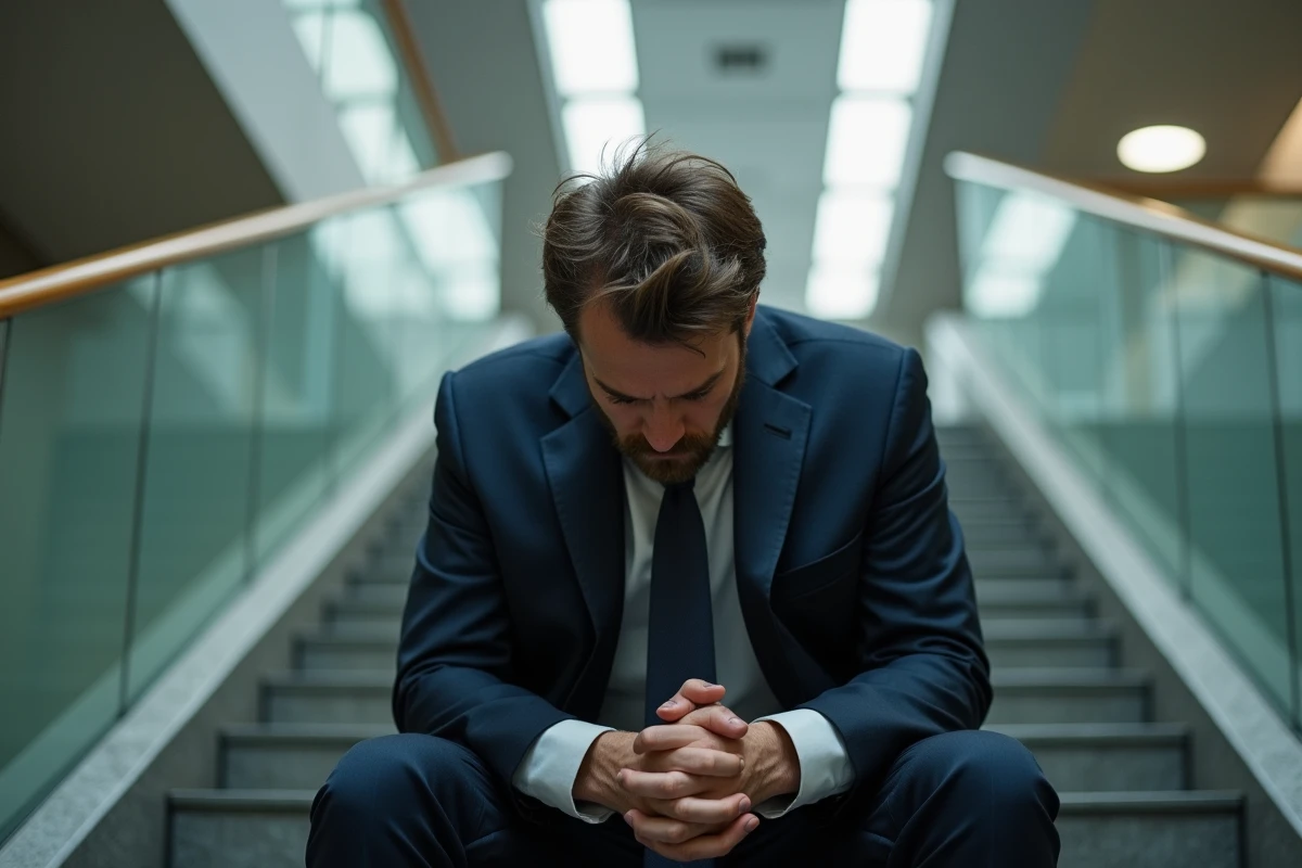 Homme en costume assis seul dans un couloir d'entreprise la tête dans les mains, symbolisant l'épuisement professionnel et le burn-out chez les cadres