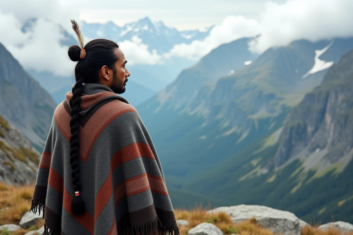 Homme chamanique debout sur un plateau montagneux contemplant la vallée, symbole de vision spirituelle et de connexion cosmique