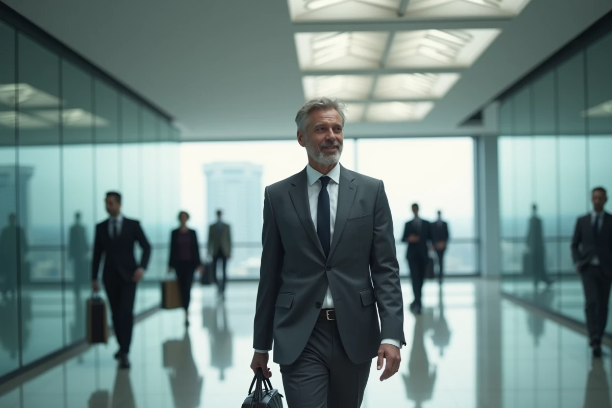 Homme en costume charbon marchant avec assurance dans le hall d'un immeuble de bureaux moderne, illustrant le rôle du look professionnel dans la société