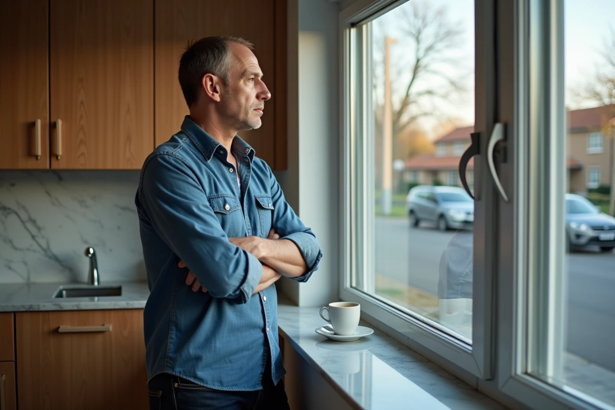 Homme debout près d'une fenêtre de cuisine regardant la rue avec une expression pensive et ennuyée, illustrant l'ennui du quotidien à la maison