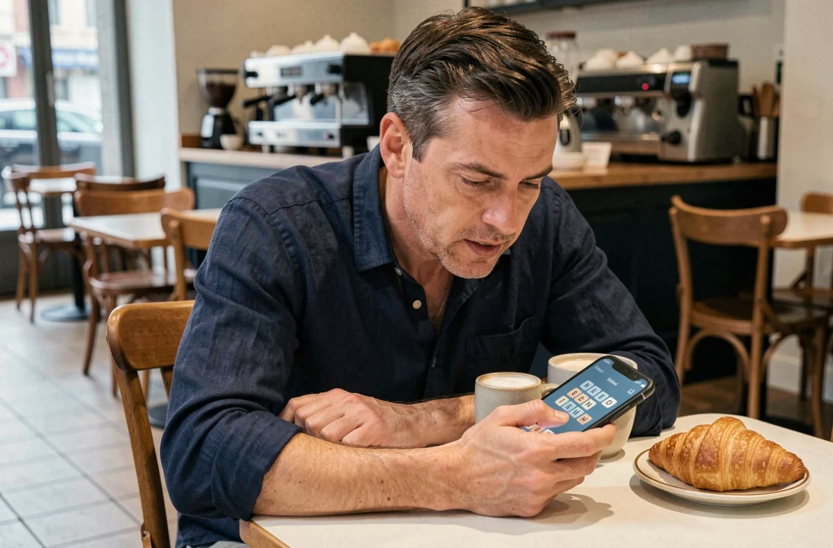 Homme attablé dans un café jouant à un jeu de mot secret sur son smartphone avec un café et un croissant