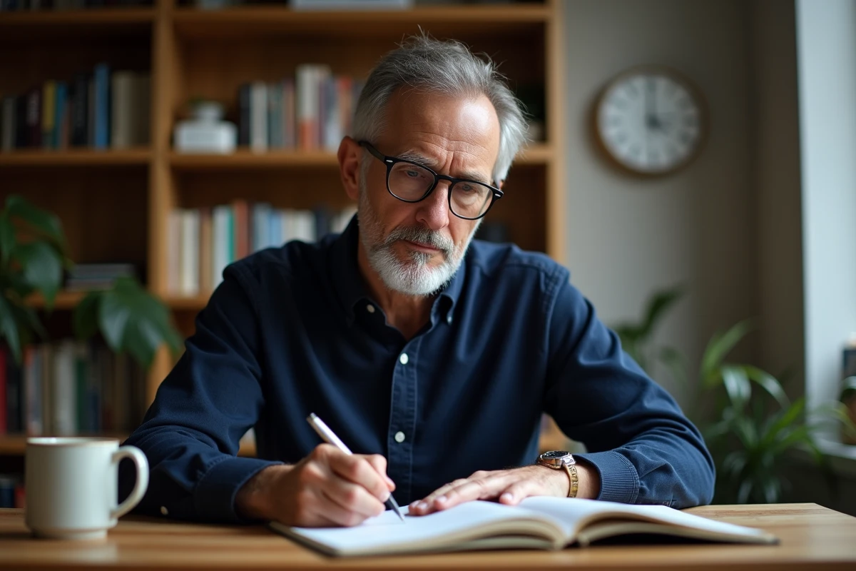 Homme adulte écrivant dans un journal intime pour développer sa conscience émotionnelle, assis dans un bureau à domicile