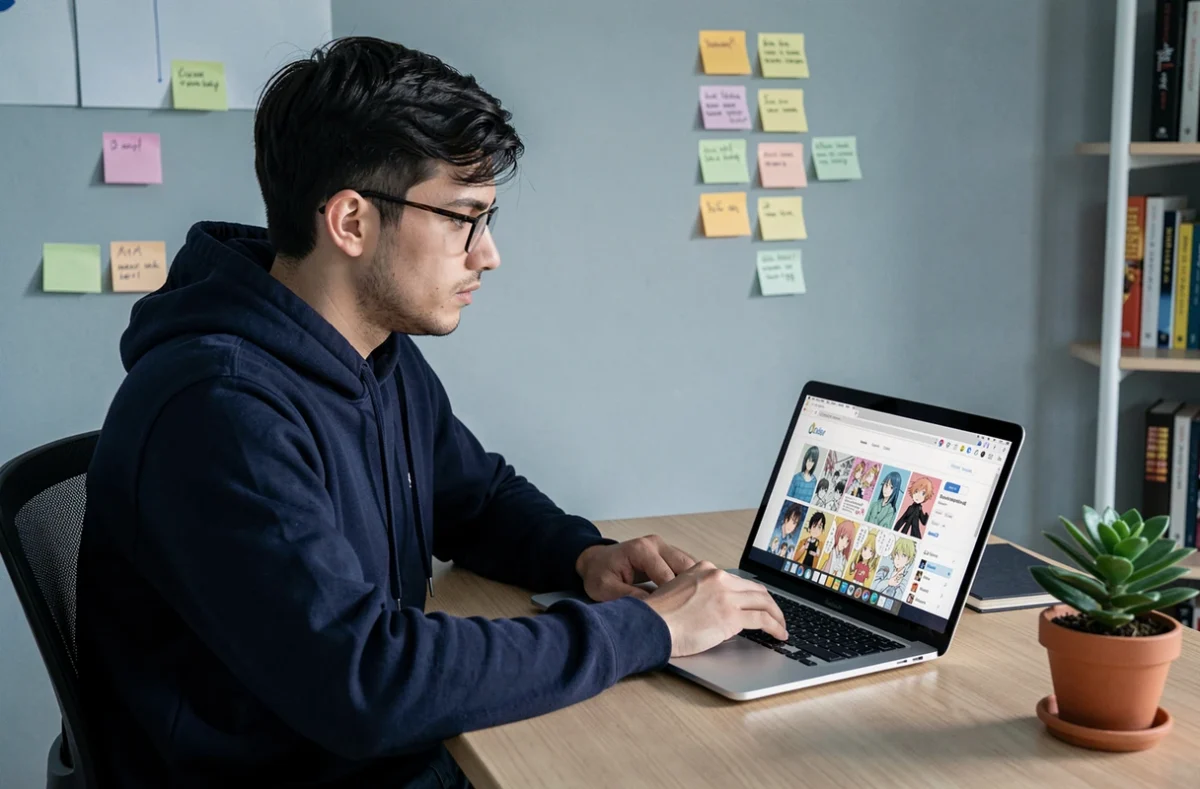 Homme lisant des mangas en ligne sur son ordinateur portable dans un bureau minimaliste à la maison