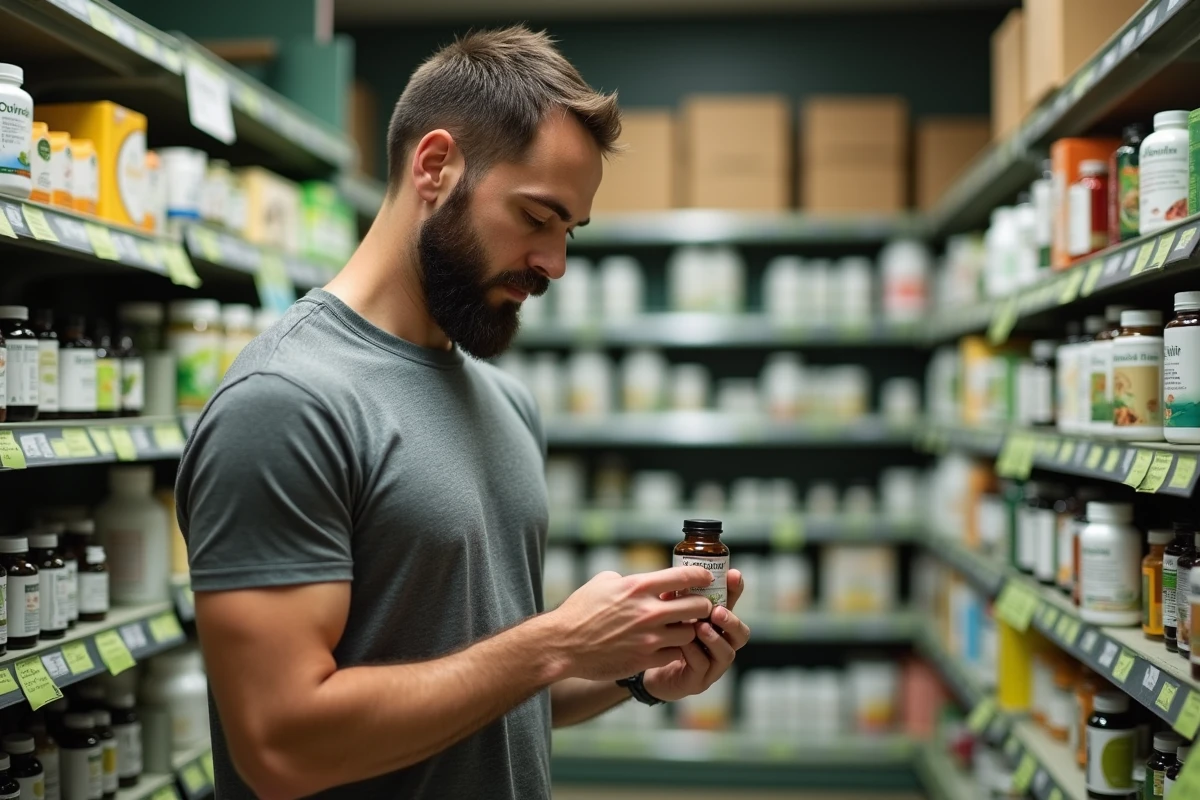 Homme en magasin bio examinant un extrait de plante minceur pour la perte de poids