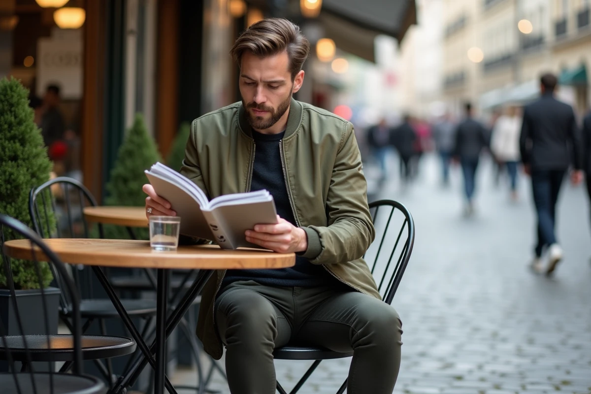 Jeune homme élégamment habillé consultant un magazine de mode sur sa tablette en terrasse de café en ville