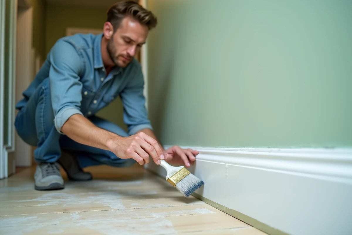 Homme appliquant une peinture blanche sur une plinthe dans un couloir avec un pinceau fin, mur vert sauge fraîchement peint et ruban de masquage visible