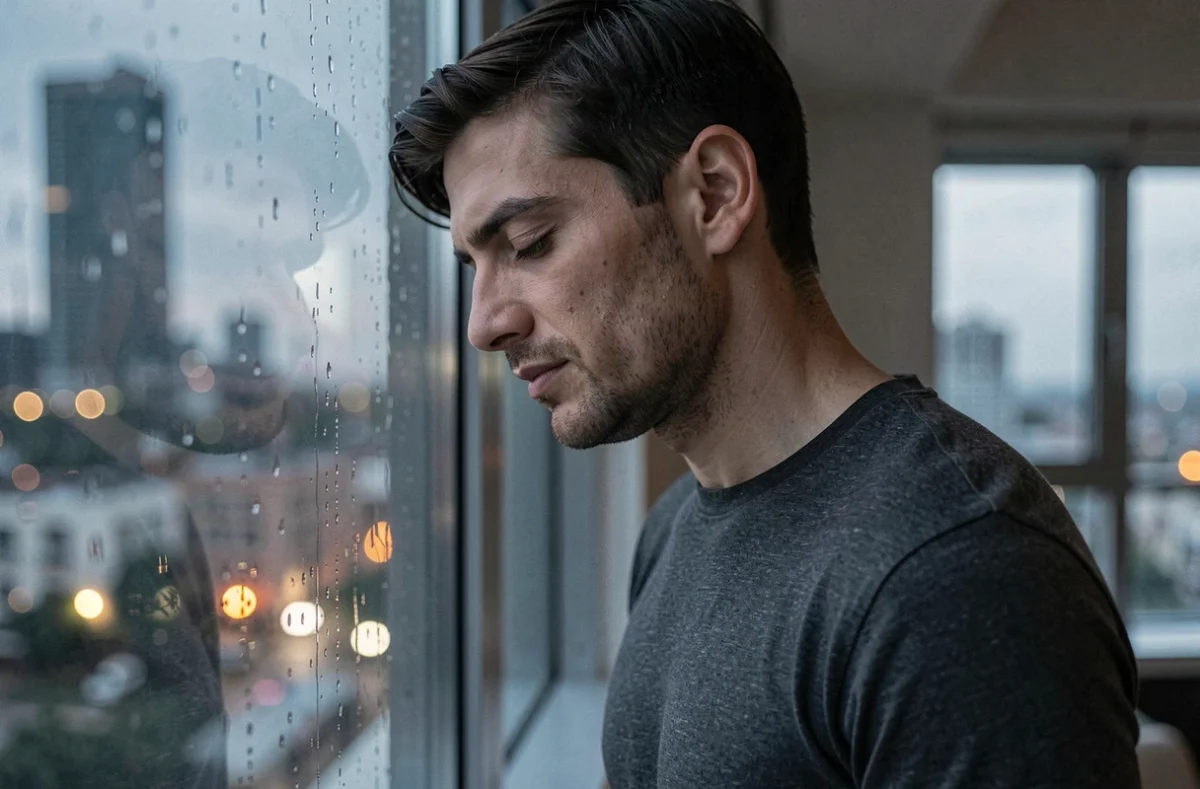 Homme pensif appuyé contre une fenêtre sous la pluie en soirée, perdu dans ses pensées amoureuses à l'heure miroir 20h20