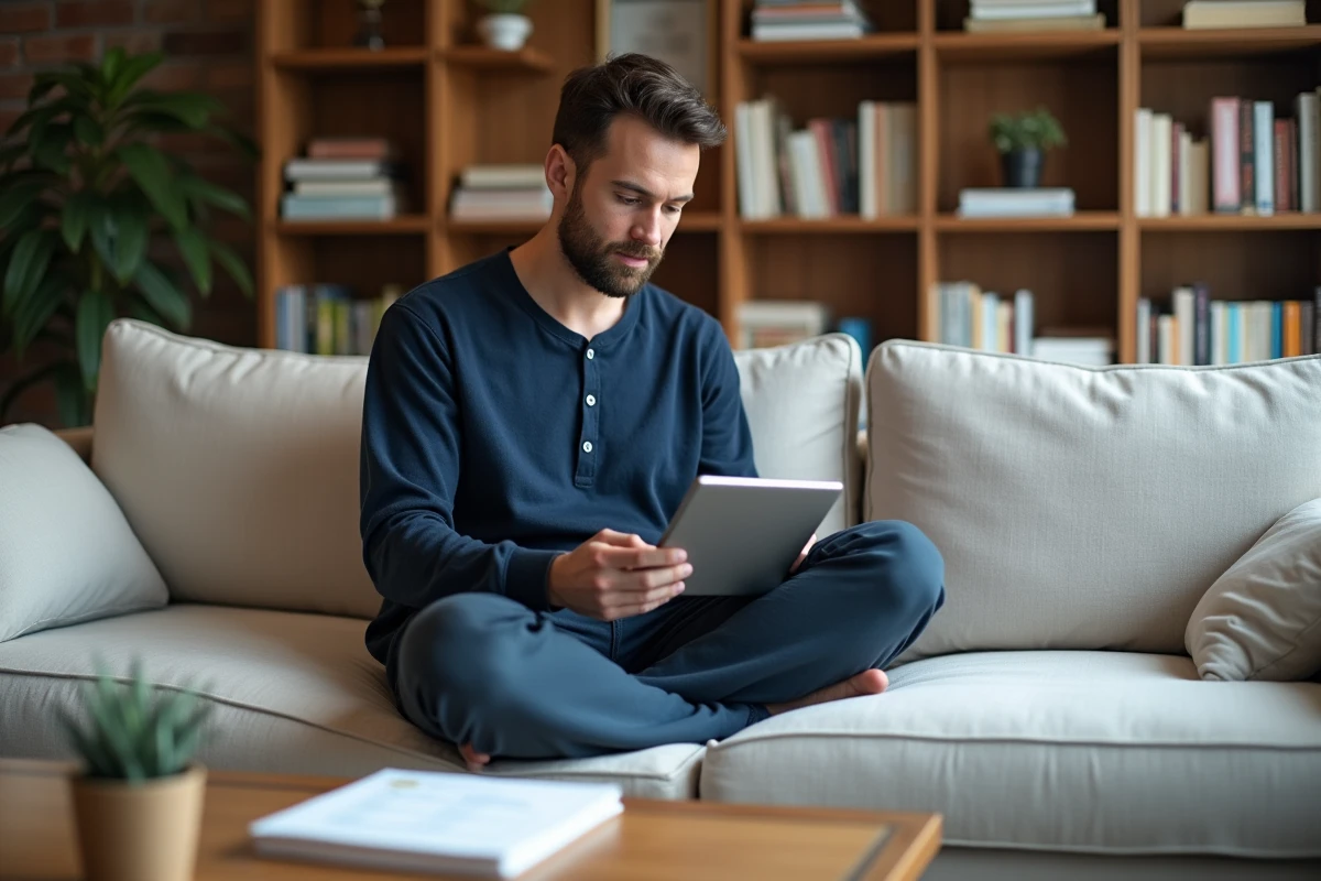 Homme assis sur un canapé utilisant une tablette pour gérer une application de planification des tâches ménagères