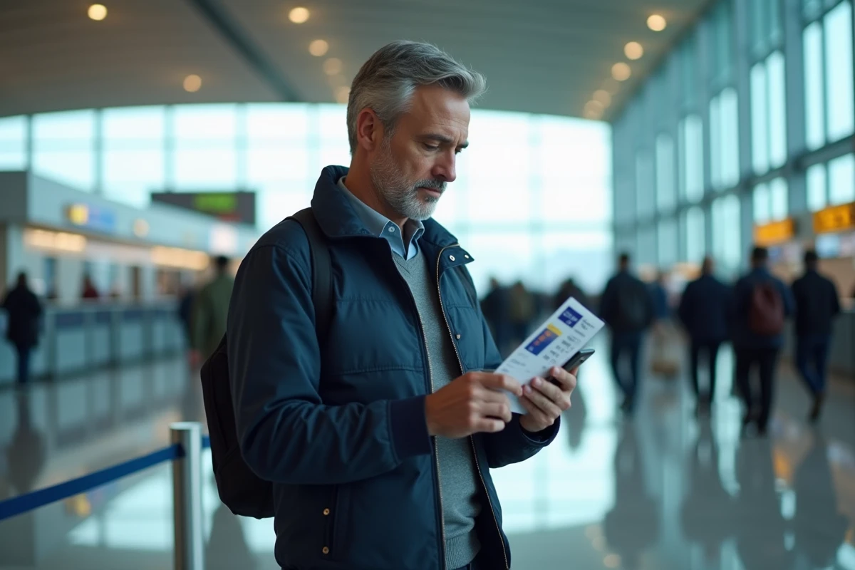 Homme consultant les prix des billets d'avion sur son téléphone dans un terminal d'aéroport