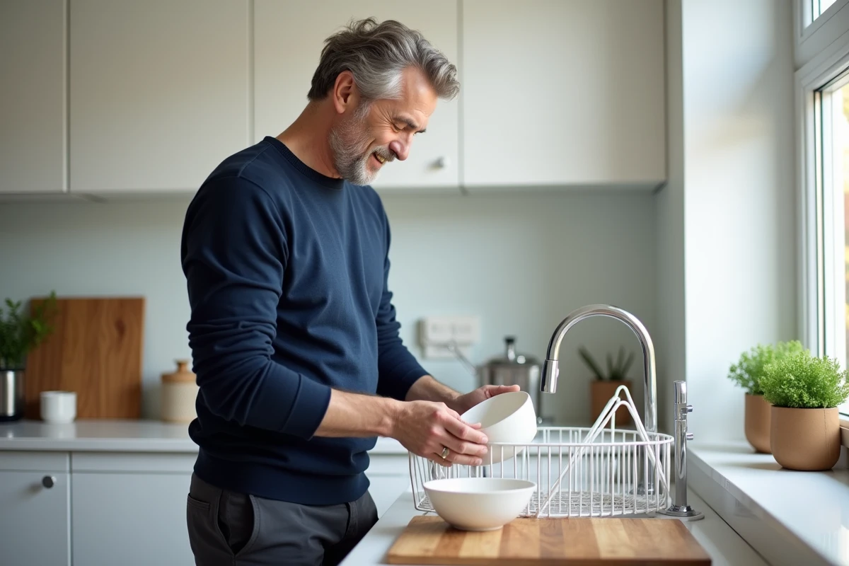 Homme appliquant immédiatement la règle des 2 minutes dans la cuisine en rangeant la vaisselle sans attendre
