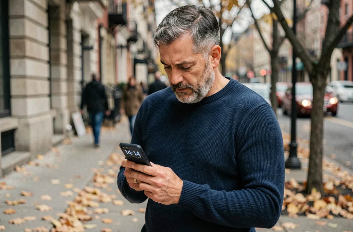 Homme dans la rue regardant son téléphone affichant 14h14 en automne, représentant la prise de conscience liée aux heures miroirs