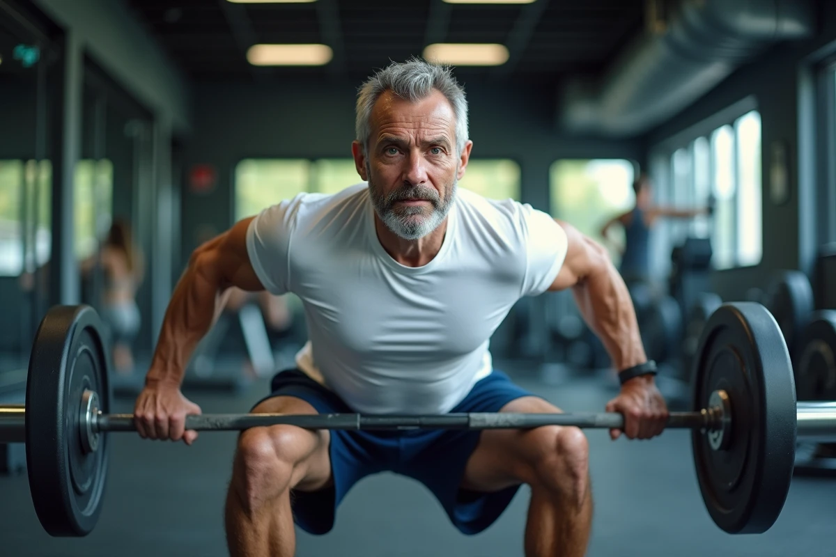 Homme d'une quarantaine d'années faisant des squats avec une barre dans une salle de sport moderne