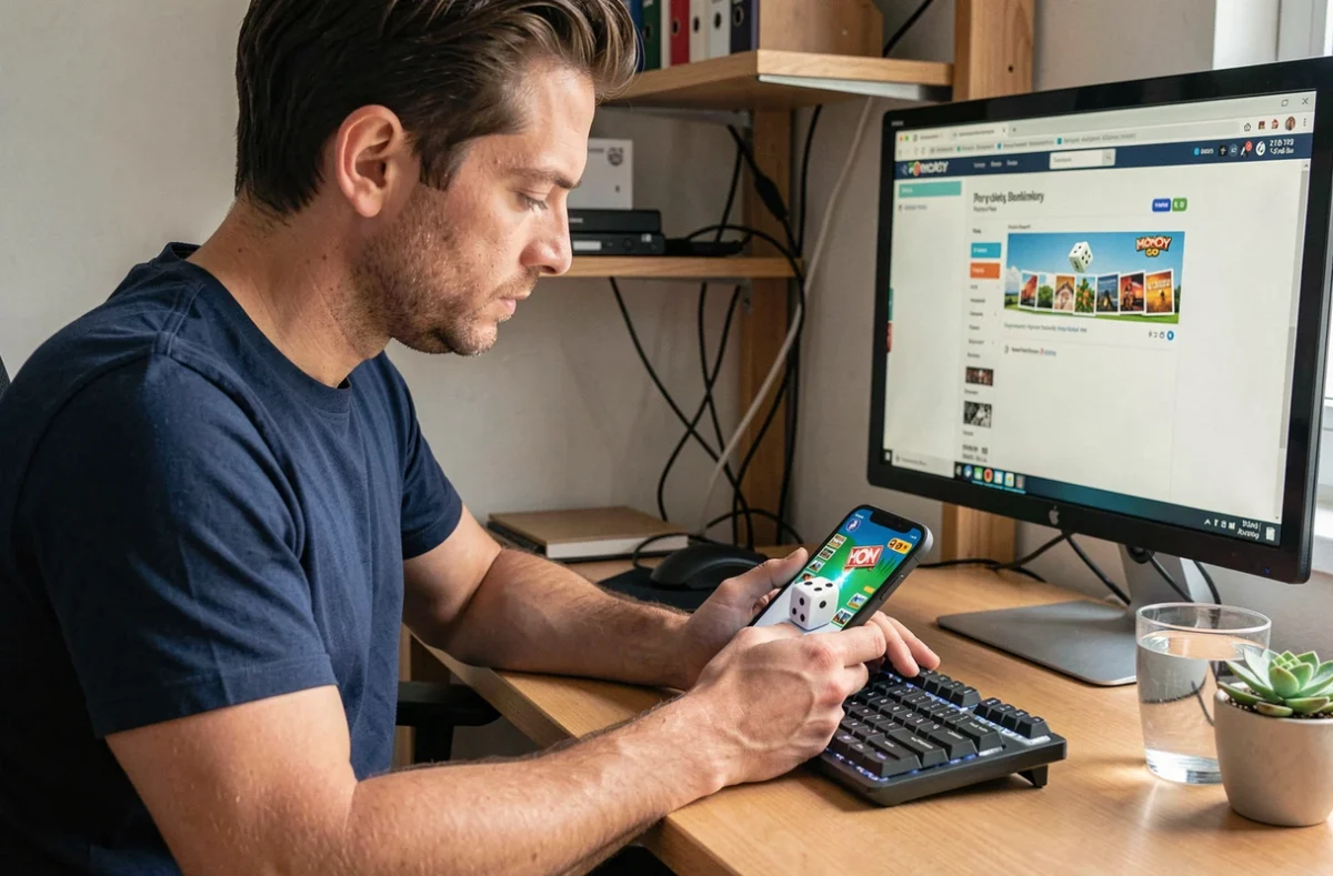 Homme concentré sur une stratégie Monopoly GO pour utiliser des liens de dés gratuits sur son smartphone au bureau