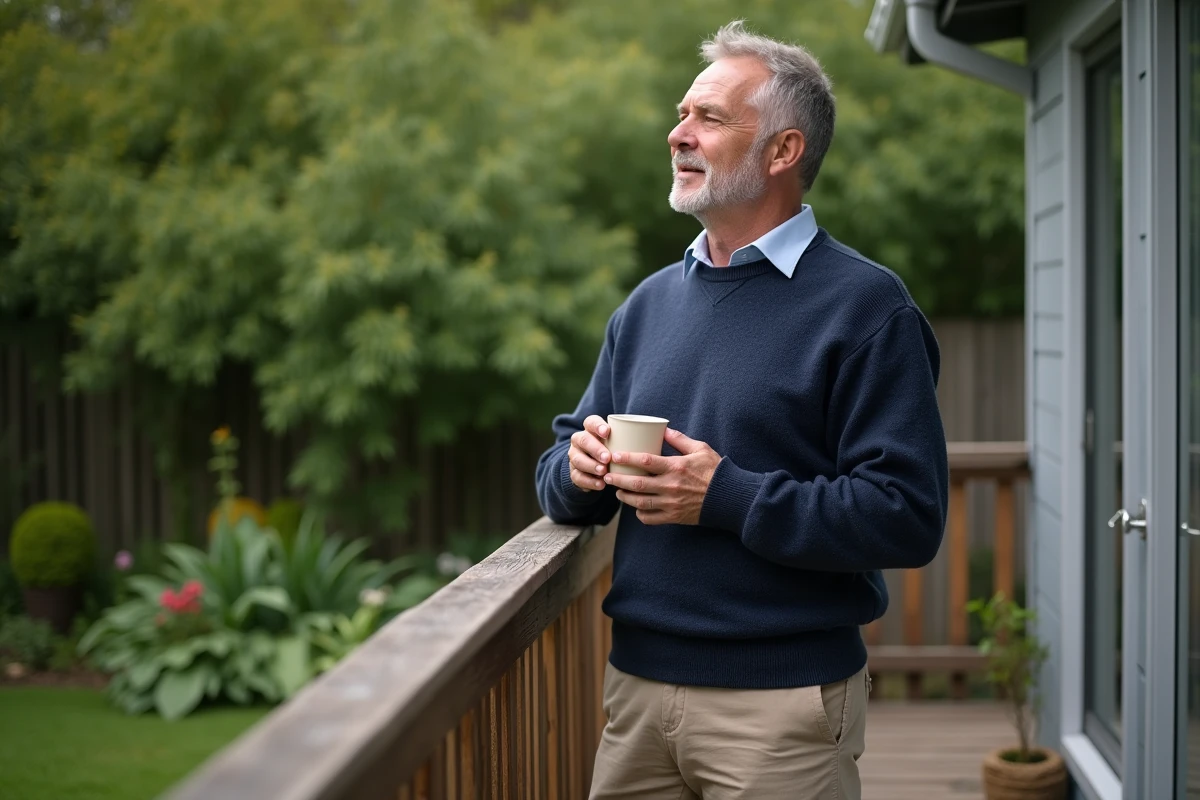 Homme tenant une tasse de thé sur une terrasse en bois pour se détendre et réduire le stress