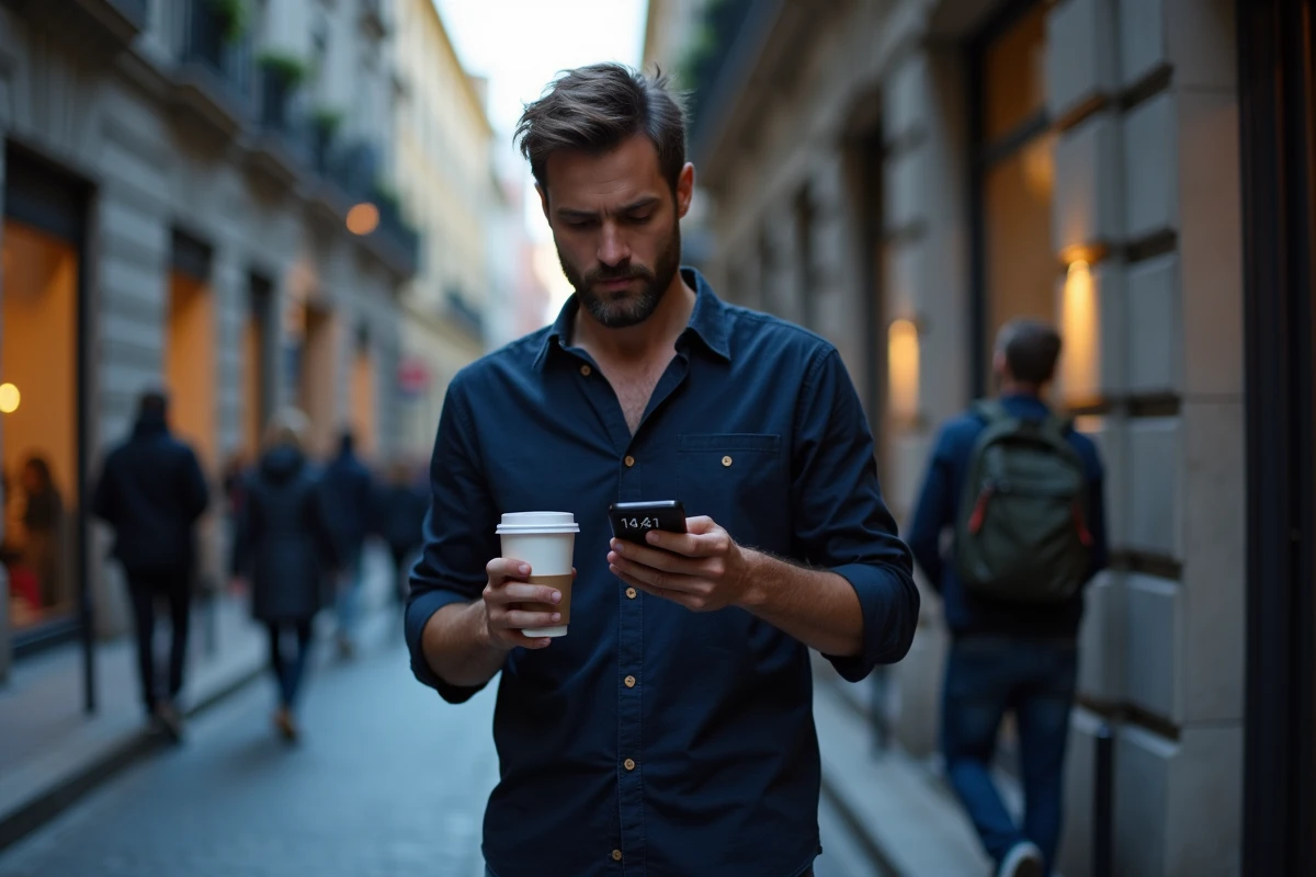 Homme en ville regardant son téléphone affichant 14h41, expression curieuse et réflexive sur un trottoir pavé, illustrant la répétition des signes numériques dans la vie quotidienne