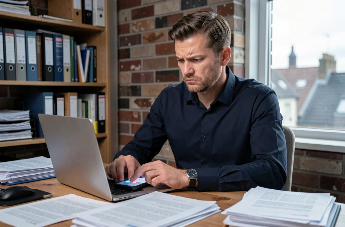 Homme en télétravail refusant un appel de démarchage téléphonique sur son téléphone portable dans son bureau à domicile