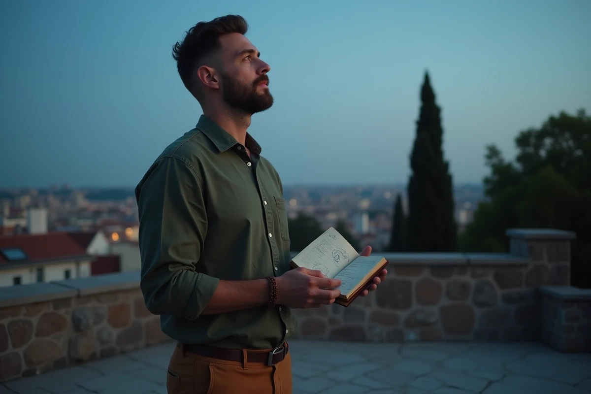 Homme sur une terrasse en pierre tenant un journal avec des notes astrologiques sur le signe du Cancer, évoquant la date de naissance du 4 juillet