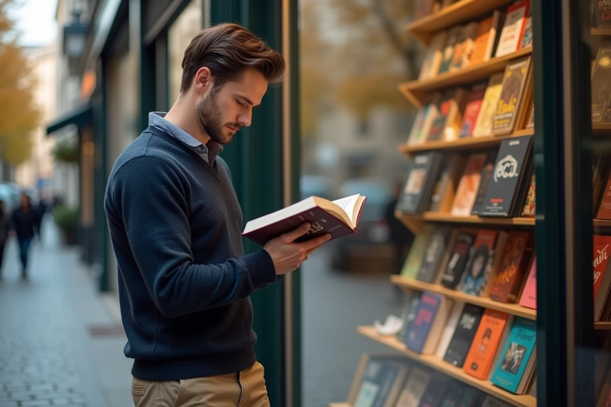 Homme découvrant le roman le plus attendu de la rentrée littéraire 2026 devant une librairie parisienne