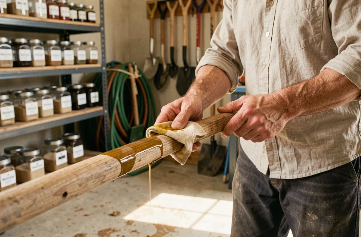 Homme appliquant de l'huile de lin sur le manche en bois d'une bêche dans un atelier de jardin
