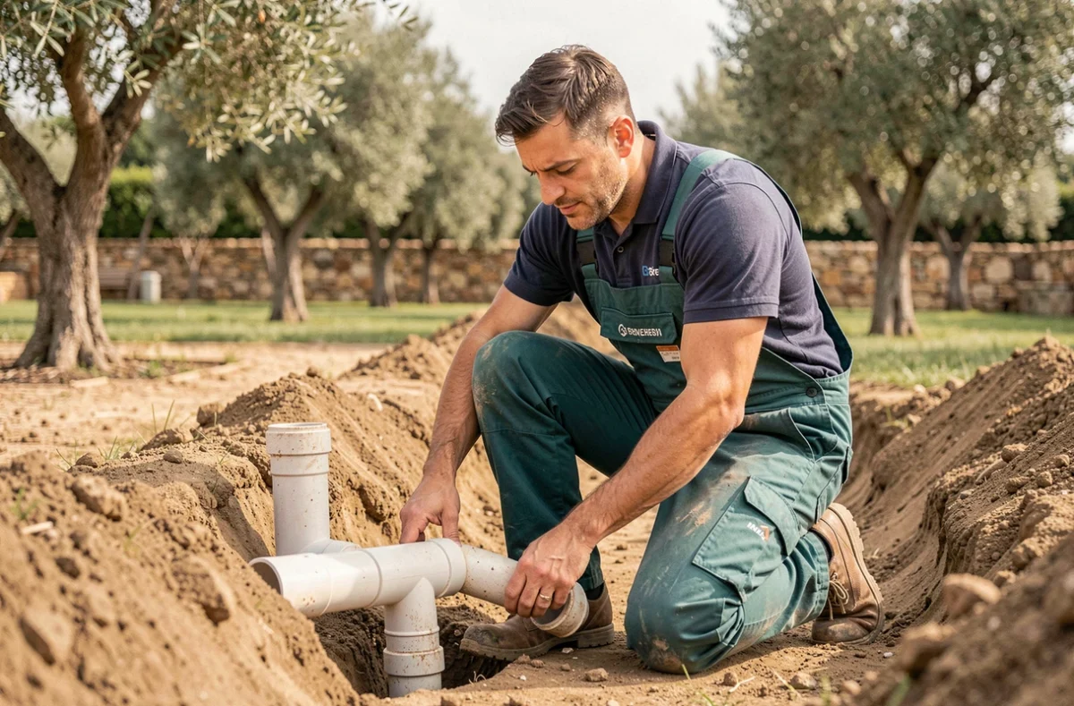 Un plombier d'Hydroservice connectant des tuyaux PVC dans une tranchée de jardin provençal avec arbres et mur en pierre en arrière-plan