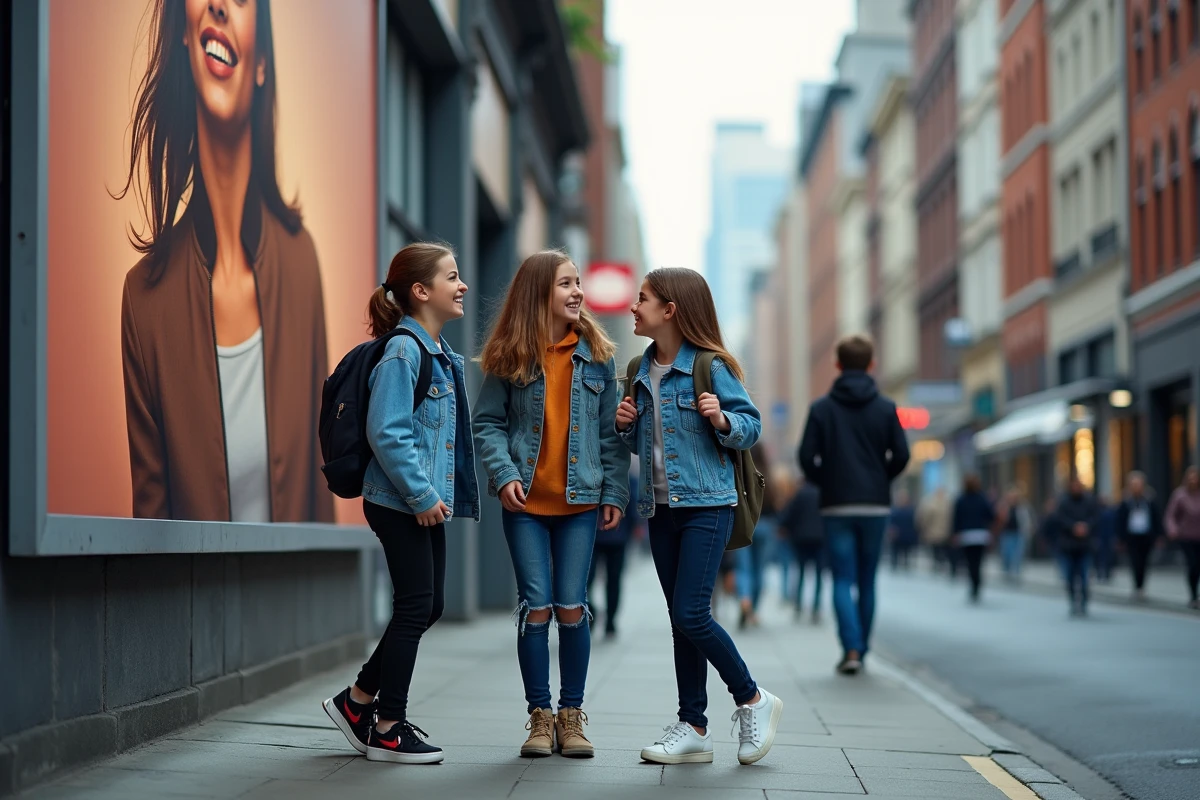 Groupe d'adolescents imitant la pose d'une célébrité sur un panneau publicitaire urbain, symbolisant l'impact culturel et comportemental des stars sur la jeunesse