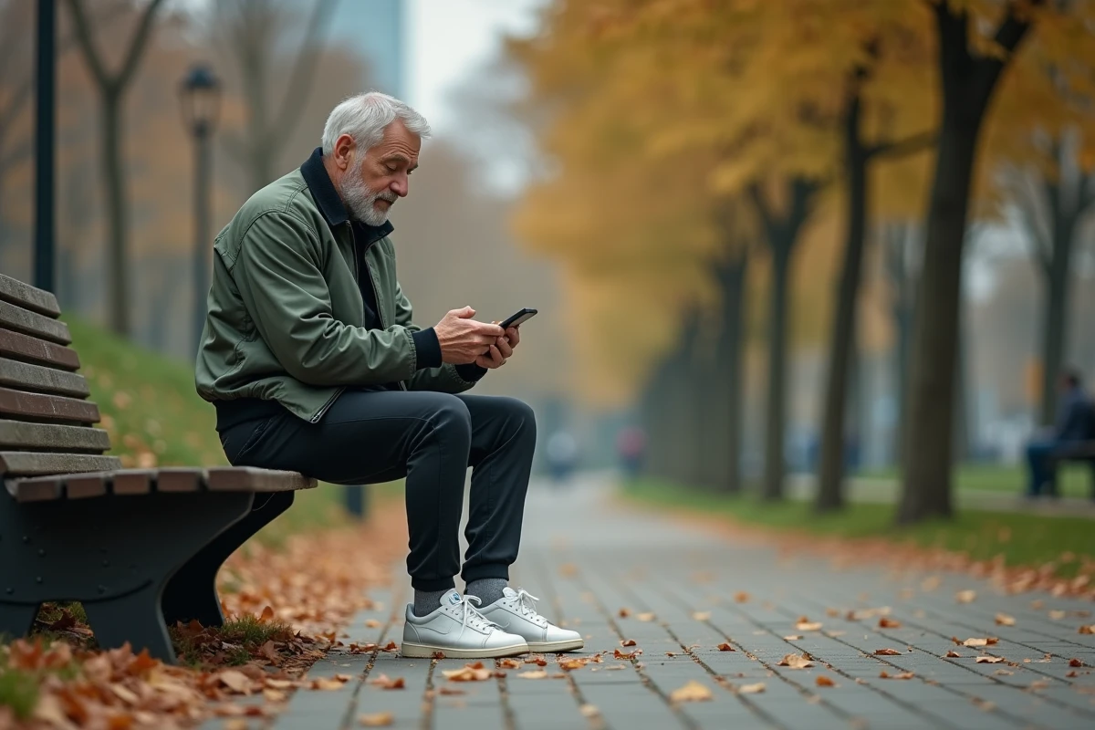 Homme en tenue streetwear consultant des tendances mode sur son téléphone dans un parc urbain, symbolisant l'influence des réseaux sociaux sur les choix vestimentaires