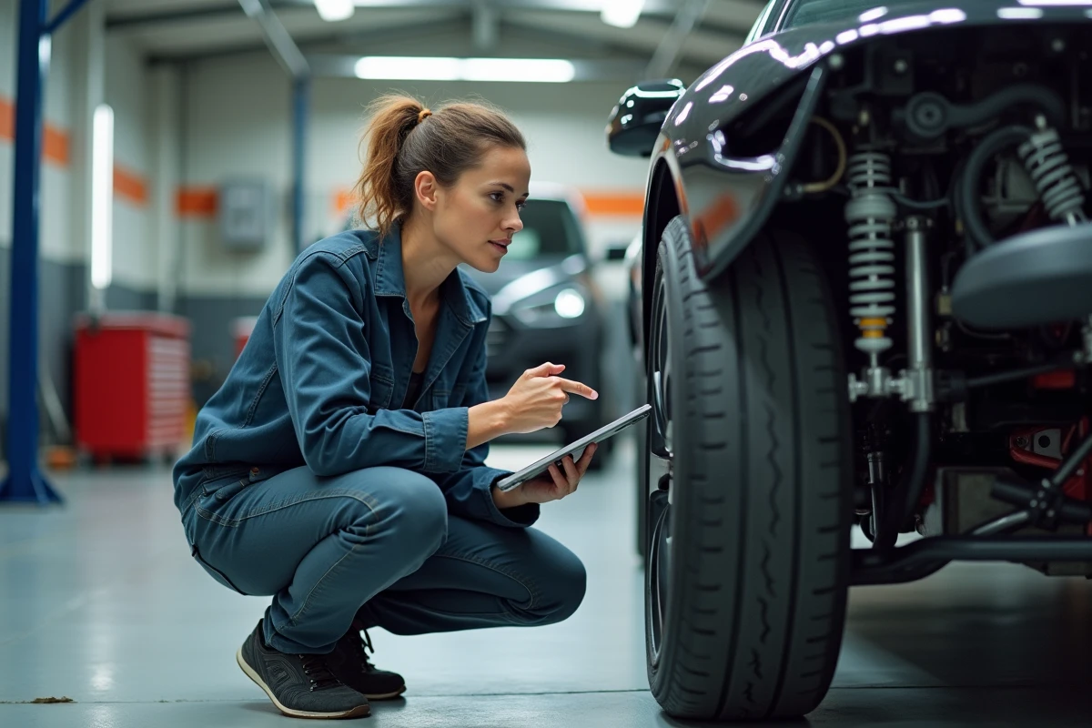 Ingénieure automobile inspectant la géométrie de suspension d'une voiture de performance en atelier