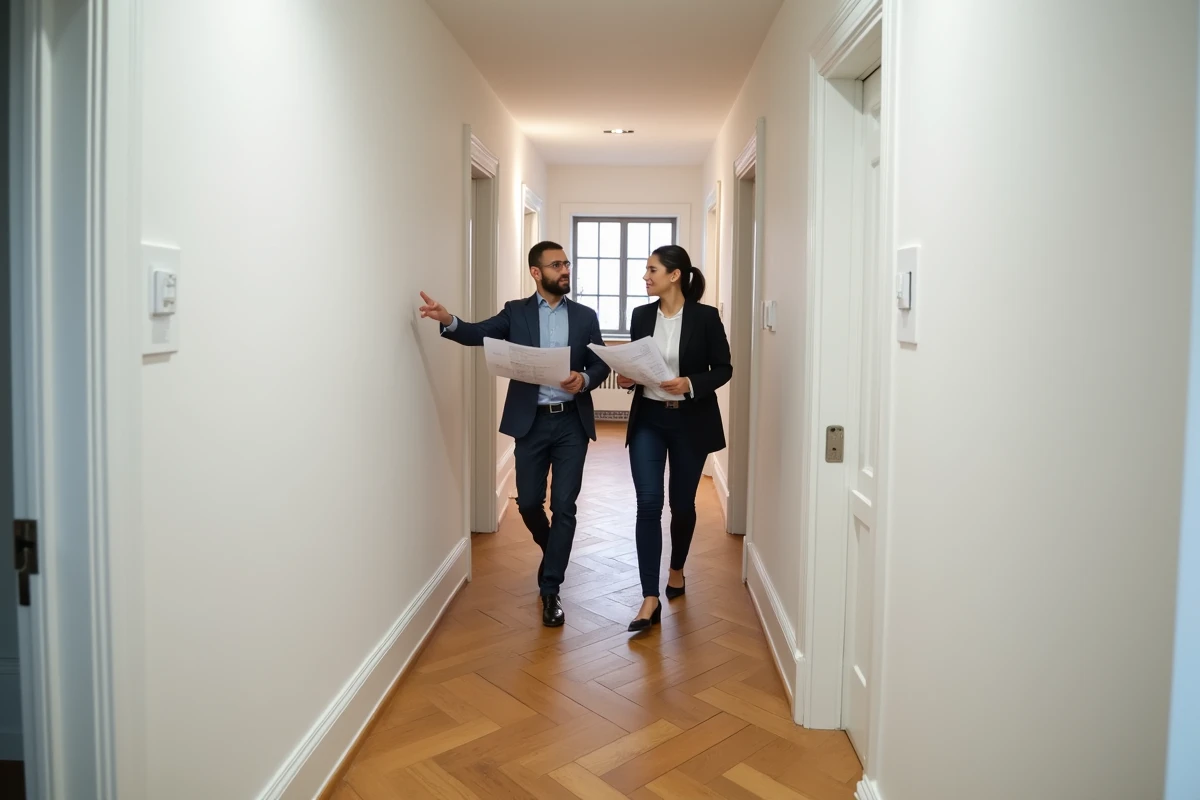 Deux professionnels inspectant un appartement rénové pour évaluer la rentabilité locative
